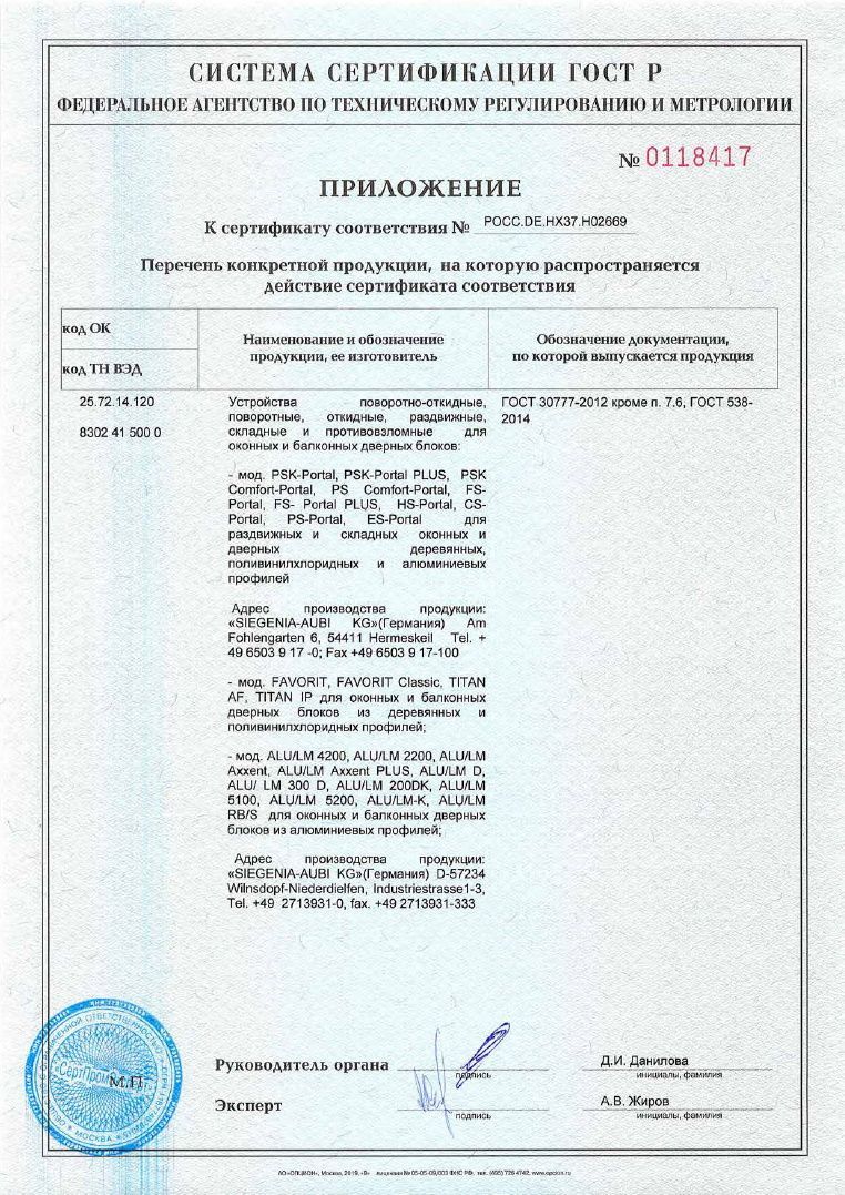 Сертификат Соответствия Siegenia (Приложение)